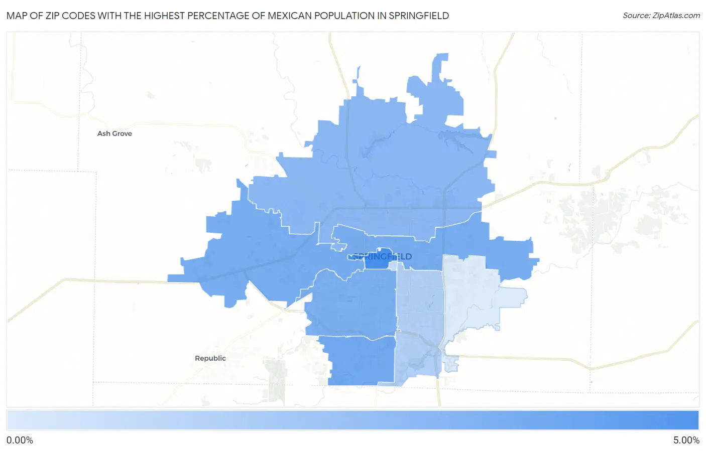 Zip Codes with the Highest Percentage of Mexican Population in Springfield Map