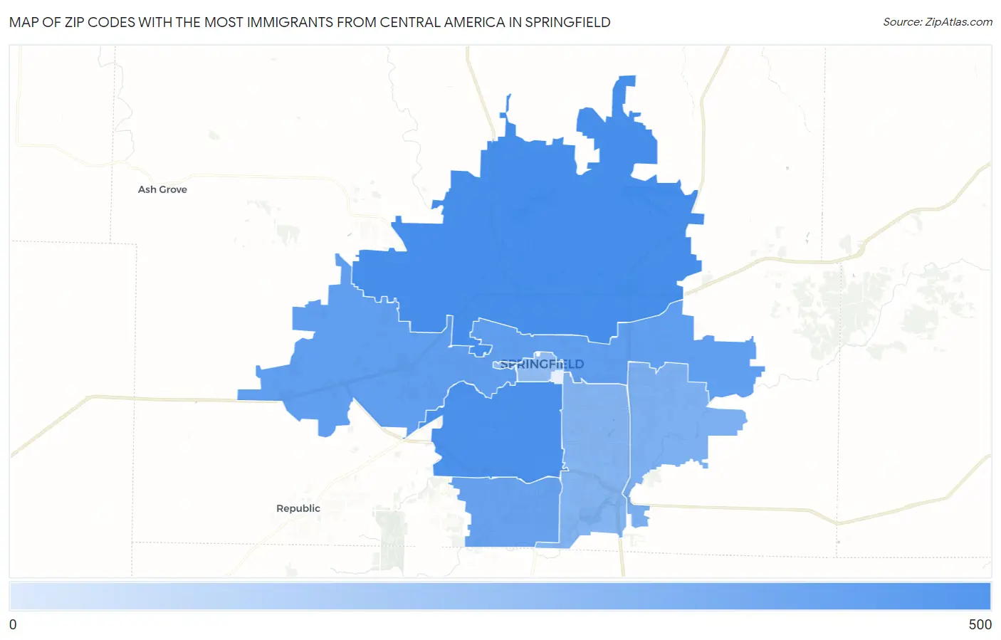Zip Codes with the Most Immigrants from Central America in Springfield Map
