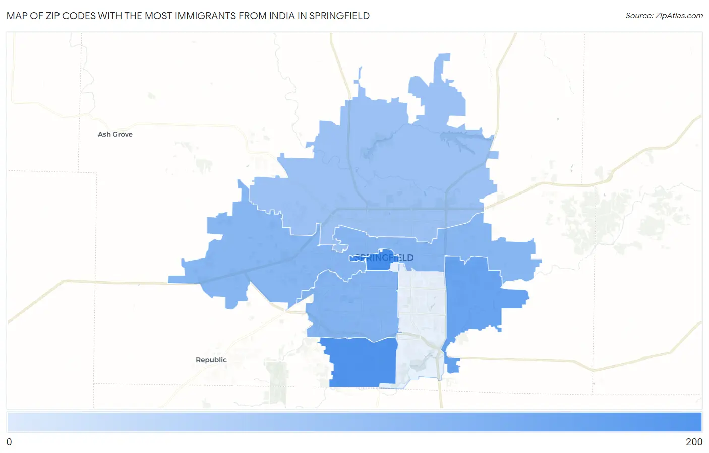 Zip Codes with the Most Immigrants from India in Springfield Map