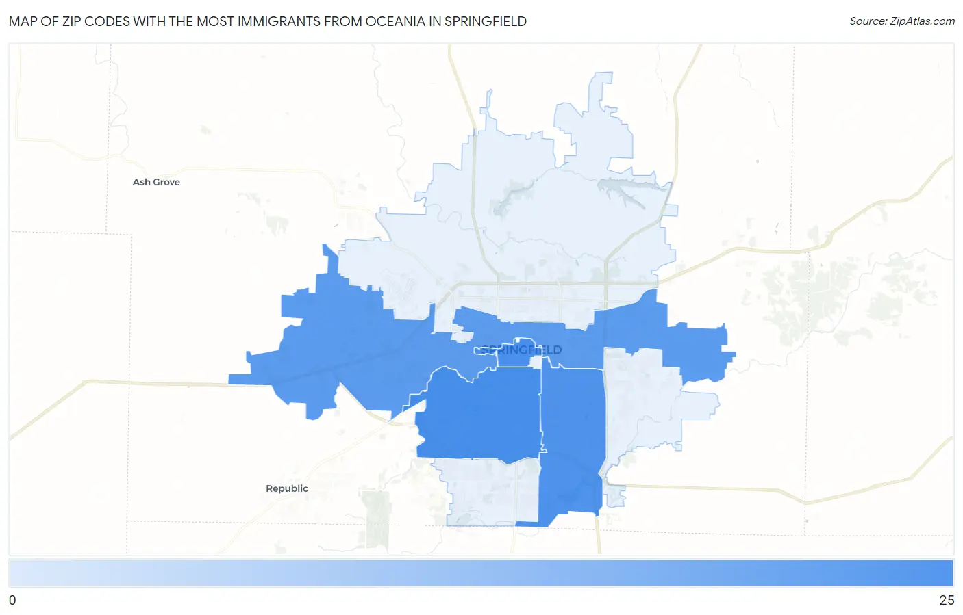 Zip Codes with the Most Immigrants from Oceania in Springfield Map