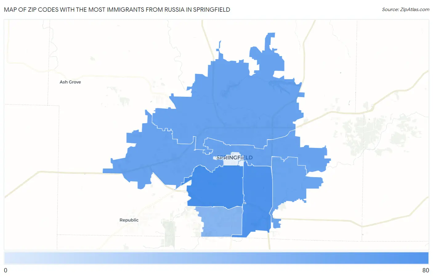 Zip Codes with the Most Immigrants from Russia in Springfield Map