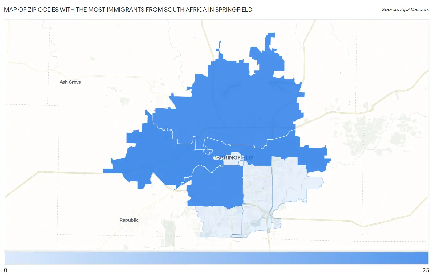 Zip Codes with the Most Immigrants from South Africa in Springfield Map
