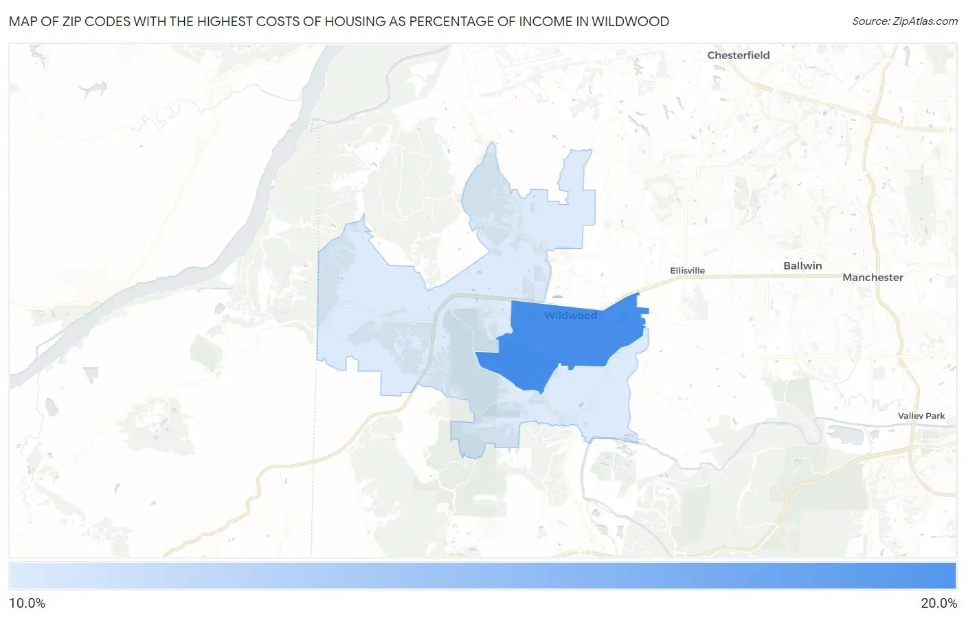 Zip Codes with the Highest Costs of Housing as Percentage of Income in Wildwood Map
