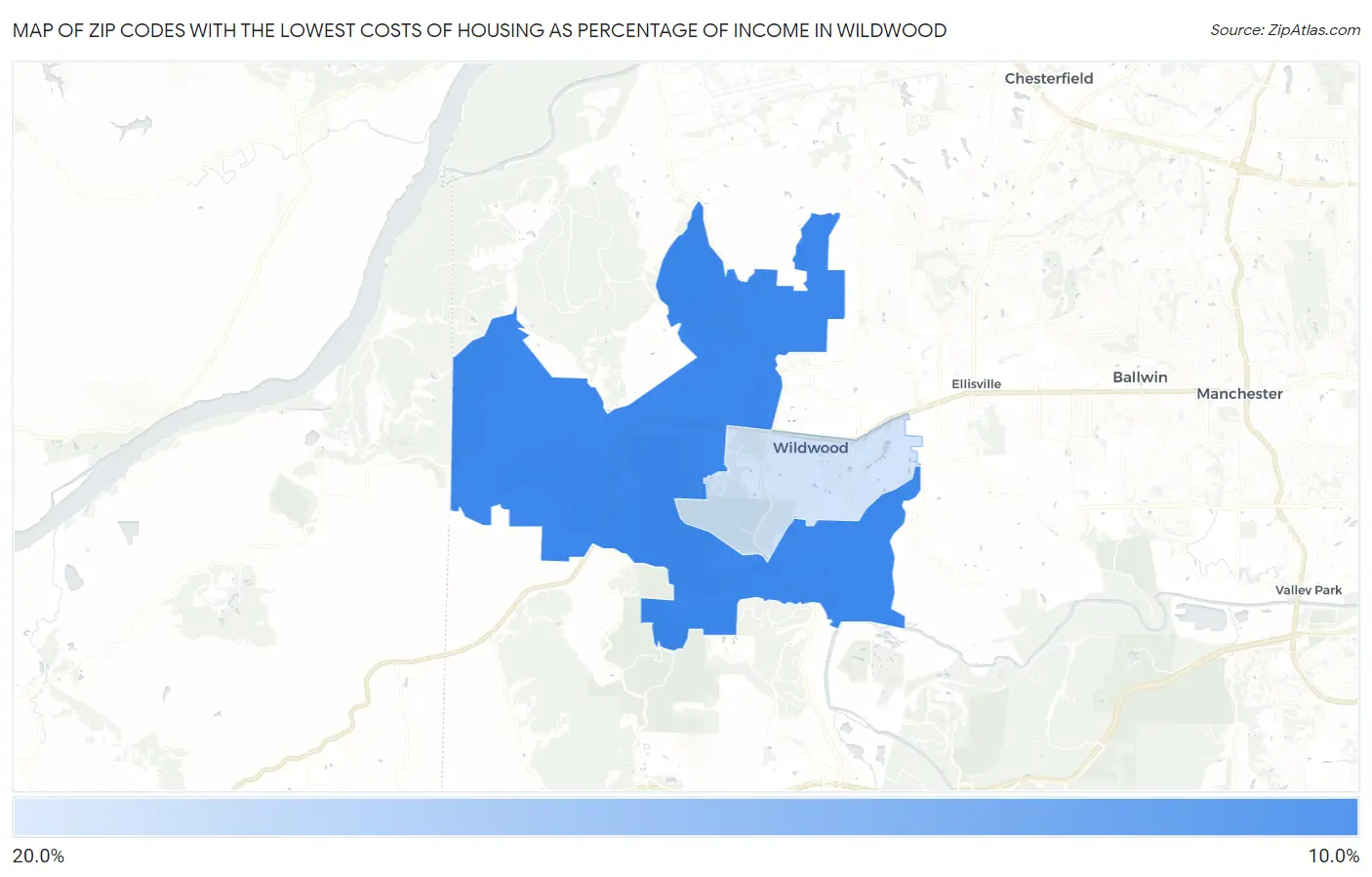 Zip Codes with the Lowest Costs of Housing as Percentage of Income in Wildwood Map