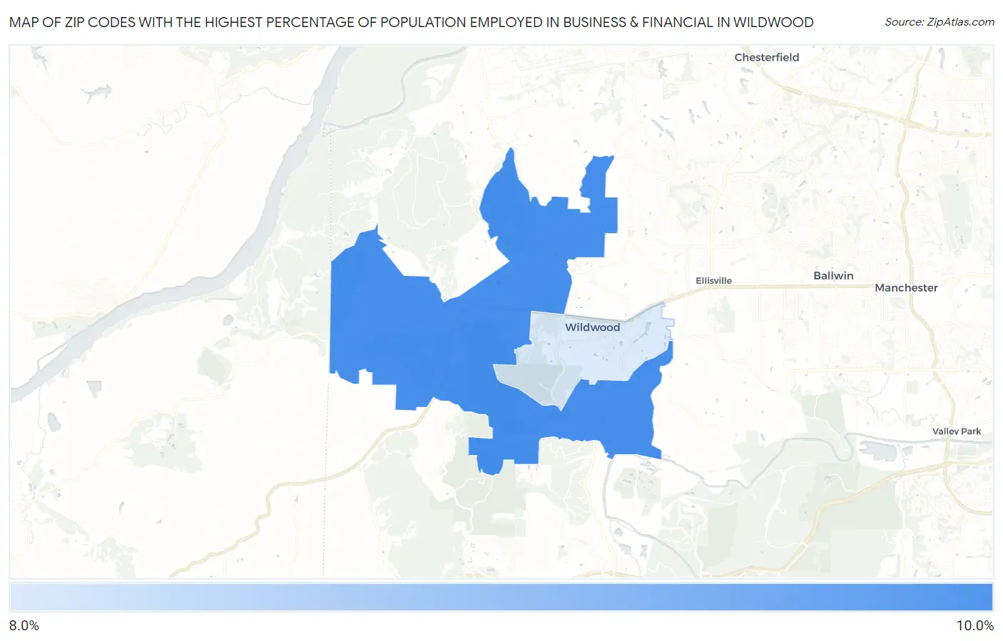 Zip Codes with the Highest Percentage of Population Employed in Business & Financial in Wildwood Map