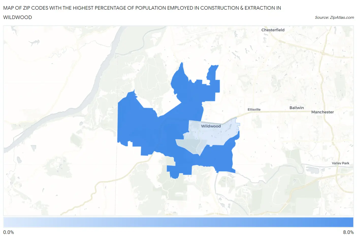 Zip Codes with the Highest Percentage of Population Employed in Construction & Extraction in Wildwood Map