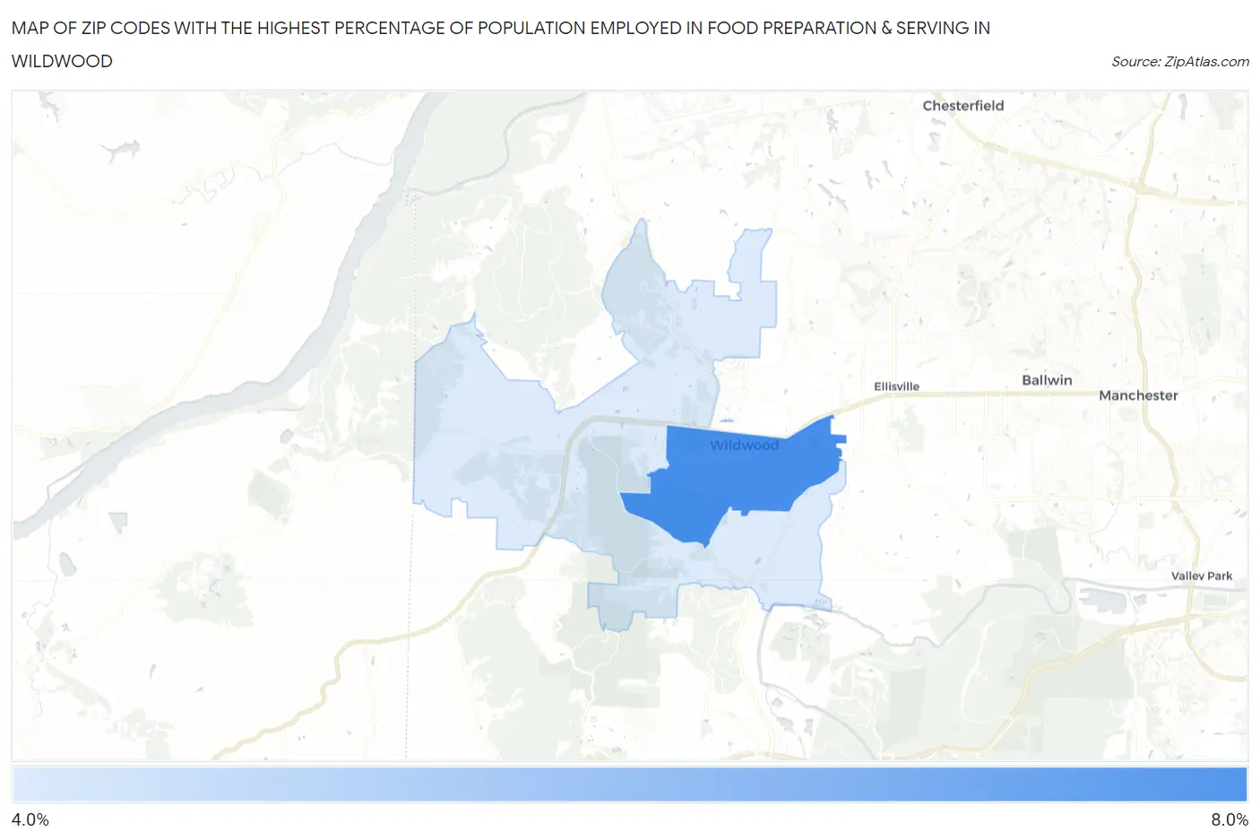 Zip Codes with the Highest Percentage of Population Employed in Food Preparation & Serving in Wildwood Map