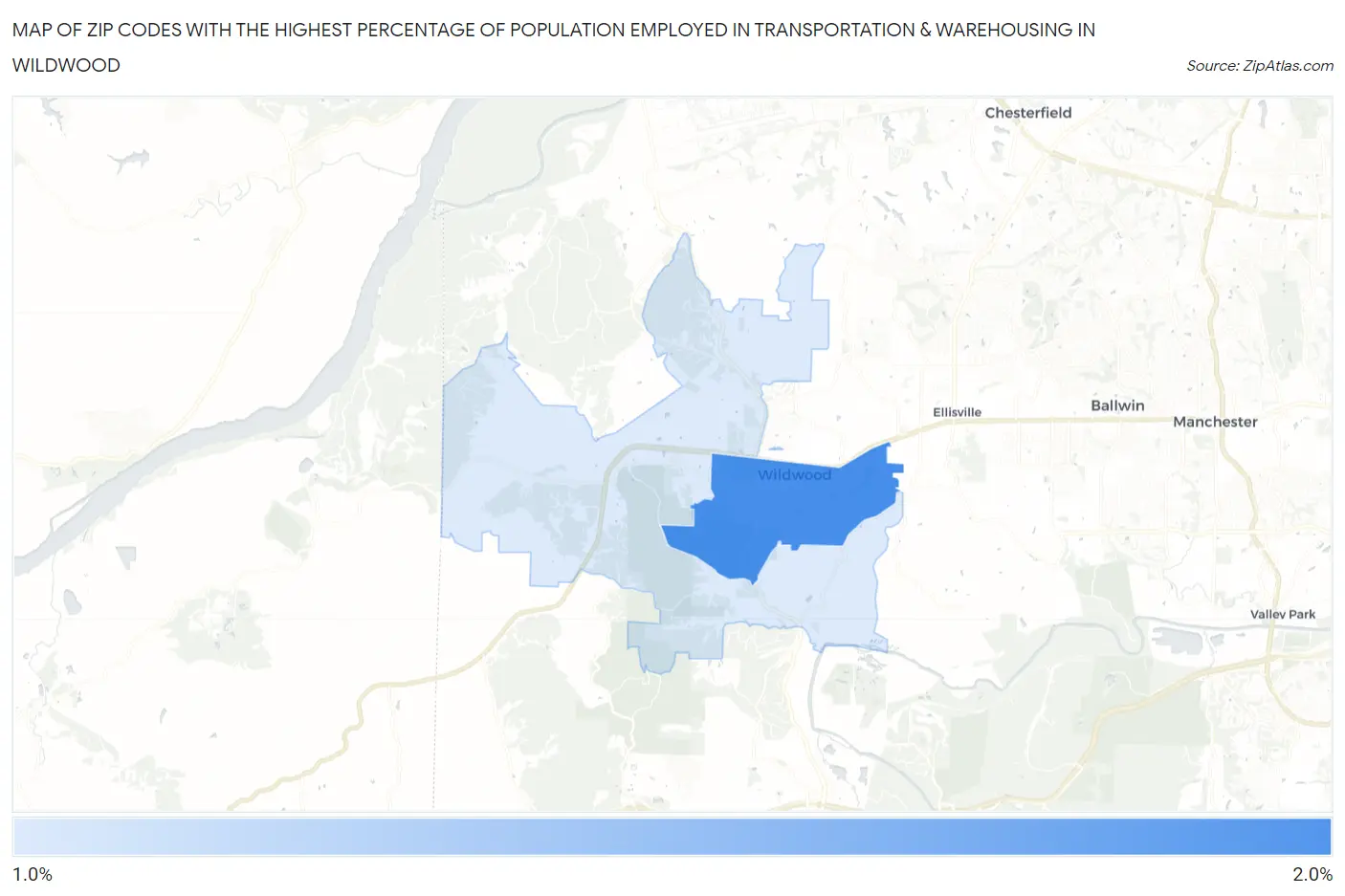 Zip Codes with the Highest Percentage of Population Employed in Transportation & Warehousing in Wildwood Map