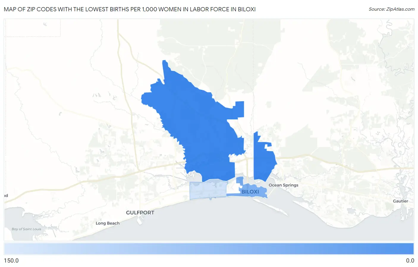Zip Codes with the Lowest Births per 1,000 Women in Labor Force in Biloxi Map