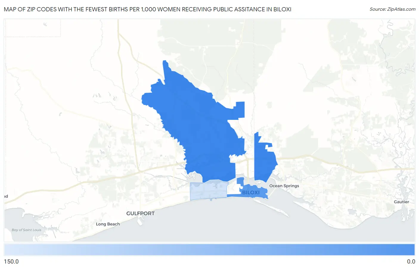 Zip Codes with the Fewest Births per 1,000 Women Receiving Public Assitance in Biloxi Map