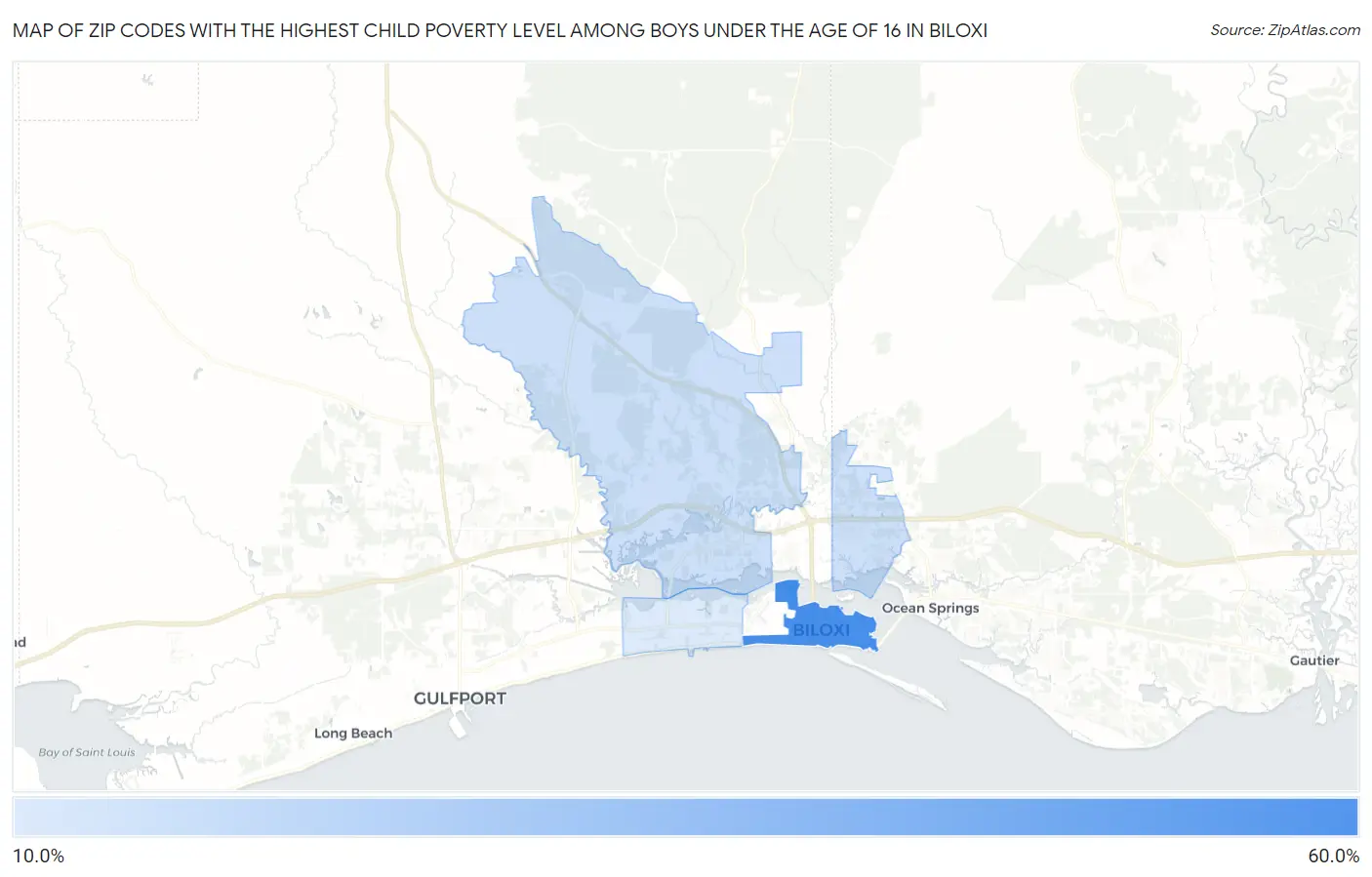 Zip Codes with the Highest Child Poverty Level Among Boys Under the Age of 16 in Biloxi Map