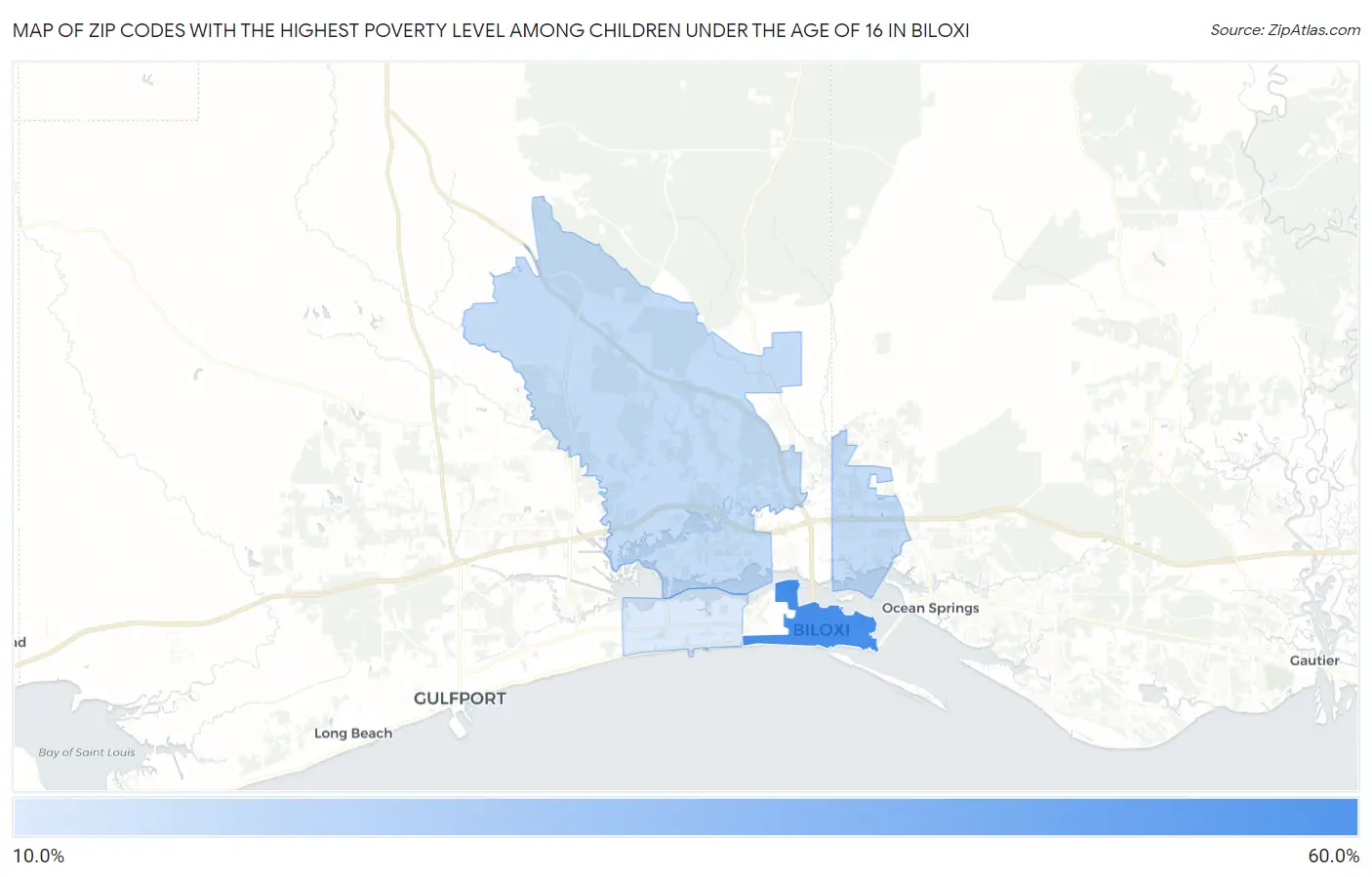 Zip Codes with the Highest Poverty Level Among Children Under the Age of 16 in Biloxi Map