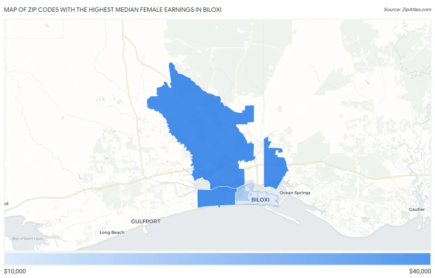 Zip Codes with the Highest Median Female Earnings in Biloxi Map
