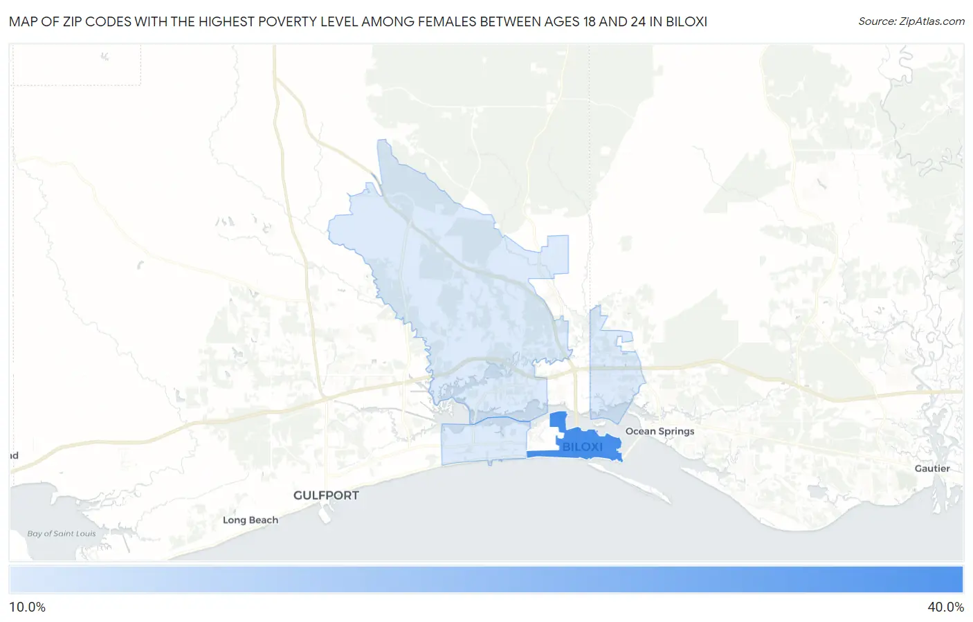 Zip Codes with the Highest Poverty Level Among Females Between Ages 18 and 24 in Biloxi Map