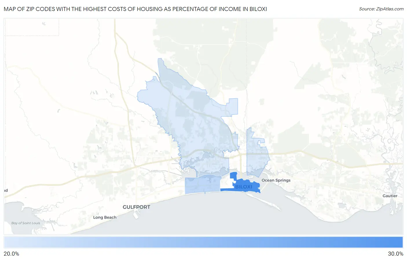 Zip Codes with the Highest Costs of Housing as Percentage of Income in Biloxi Map