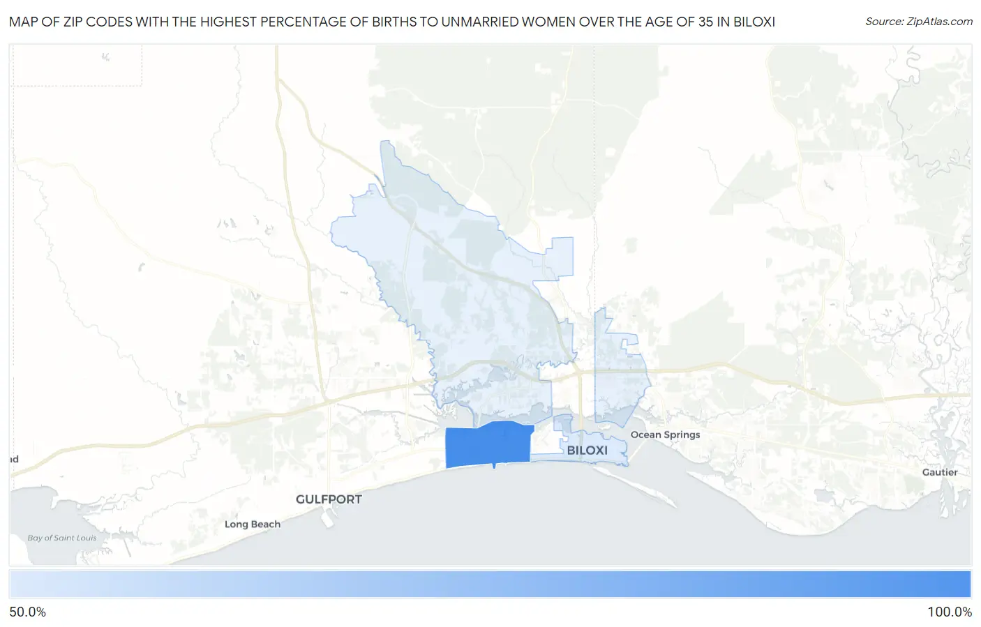 Zip Codes with the Highest Percentage of Births to Unmarried Women over the Age of 35 in Biloxi Map