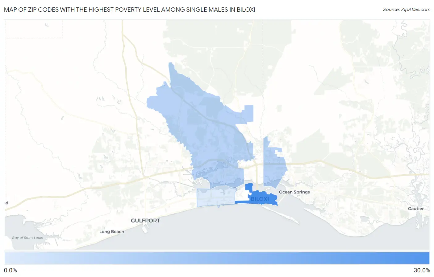 Zip Codes with the Highest Poverty Level Among Single Males in Biloxi Map
