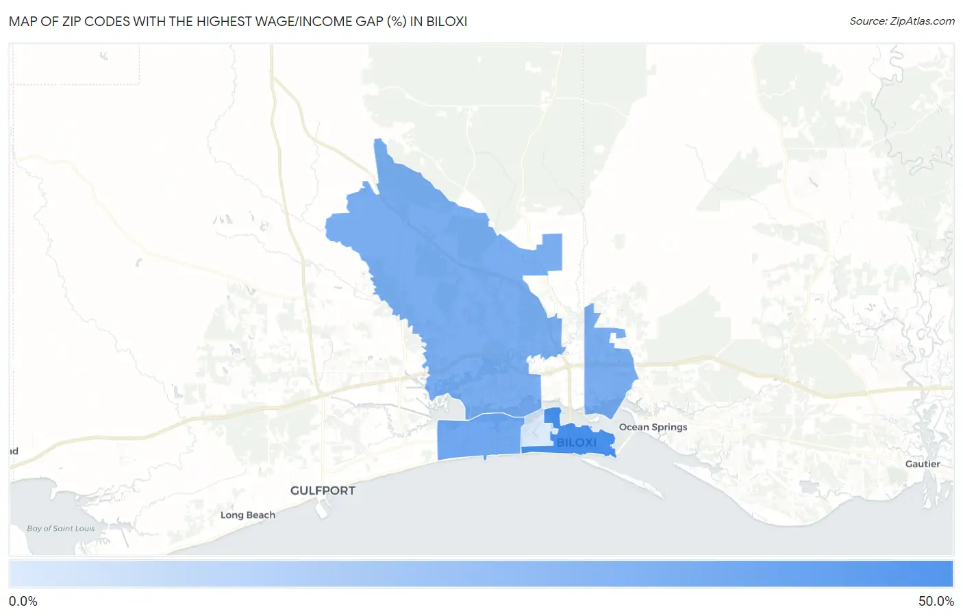 Zip Codes with the Highest Wage/Income Gap (%) in Biloxi Map