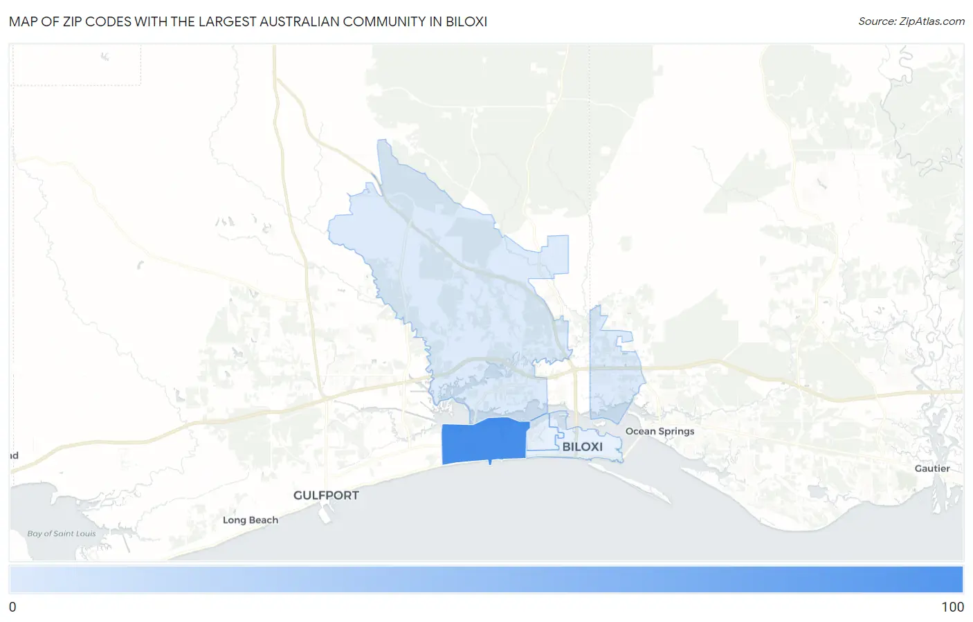 Zip Codes with the Largest Australian Community in Biloxi Map