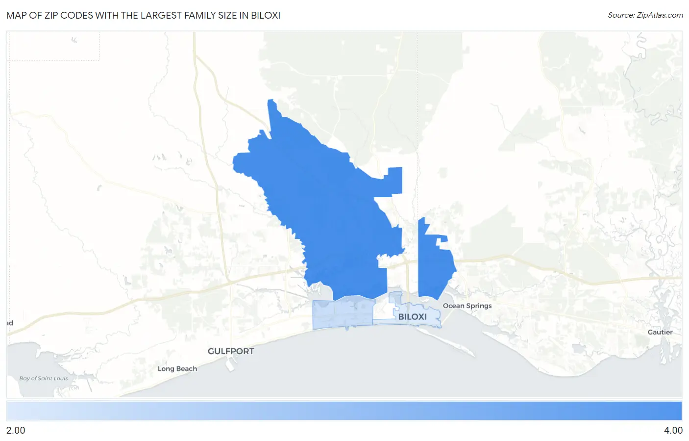 Zip Codes with the Largest Family Size in Biloxi Map