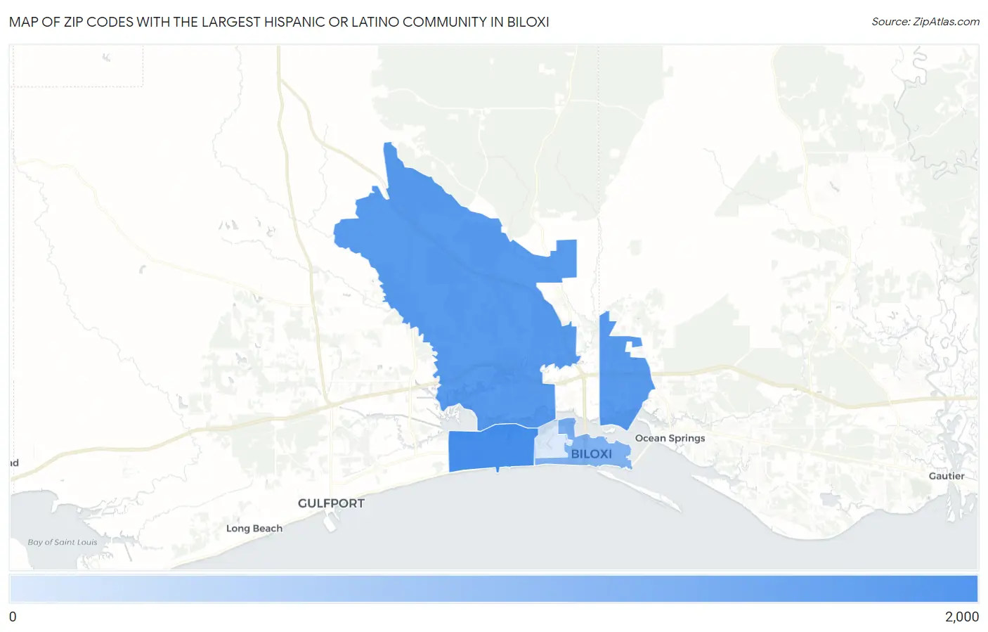 Zip Codes with the Largest Hispanic or Latino Community in Biloxi Map