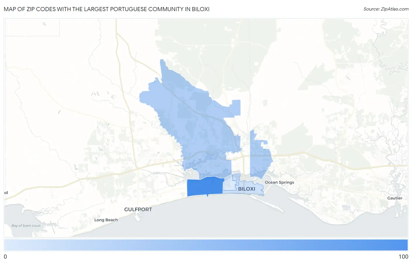 Zip Codes with the Largest Portuguese Community in Biloxi Map