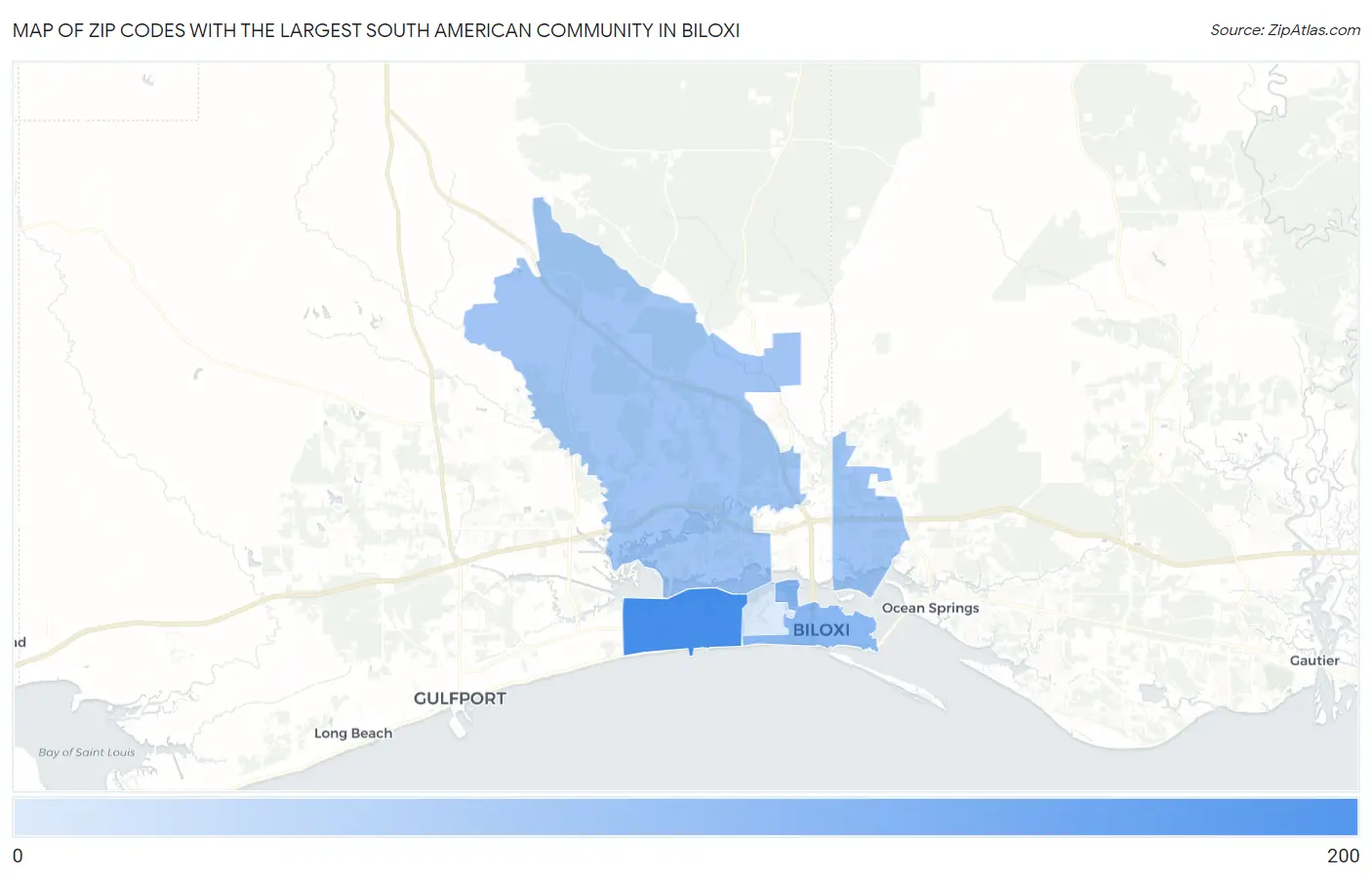 Zip Codes with the Largest South American Community in Biloxi Map