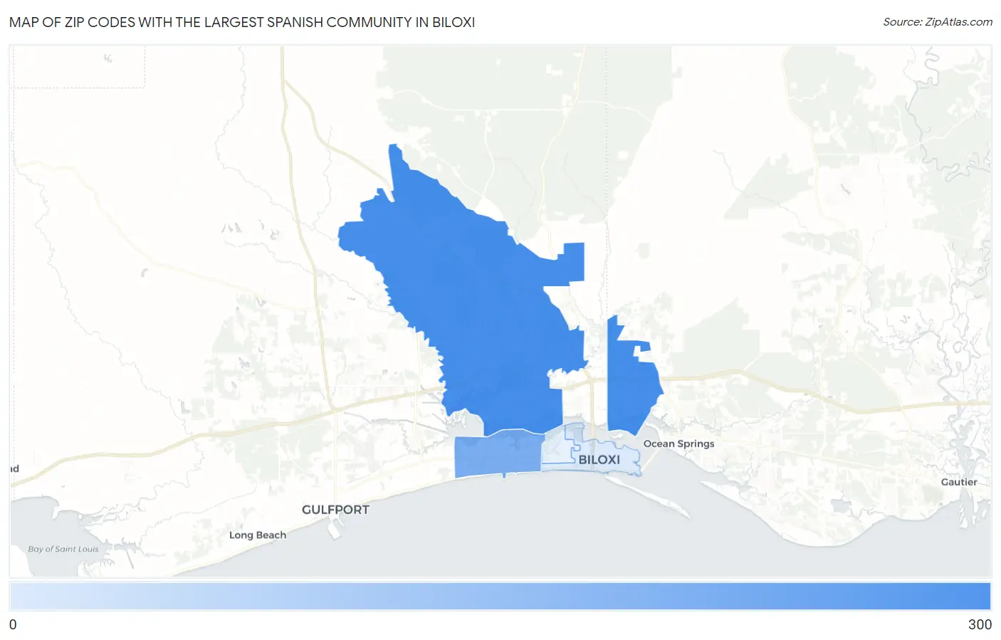 Zip Codes with the Largest Spanish Community in Biloxi Map