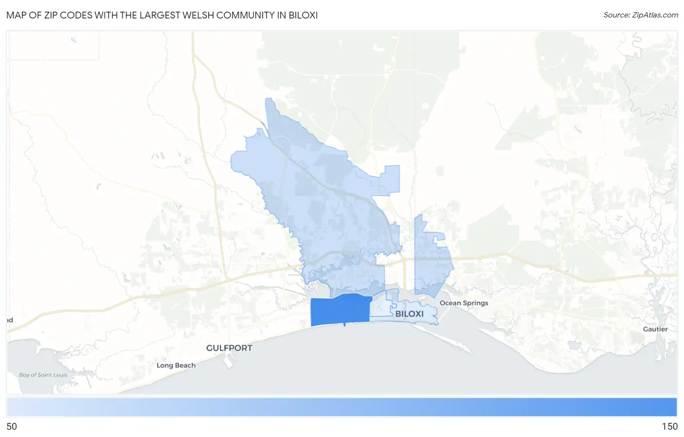 Zip Codes with the Largest Welsh Community in Biloxi Map
