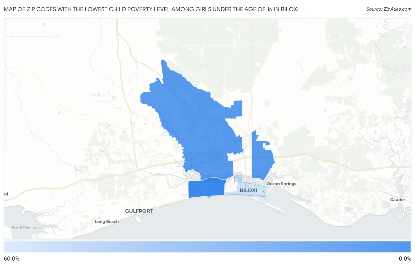 Zip Codes with the Lowest Child Poverty Level Among Girls Under the Age of 16 in Biloxi Map