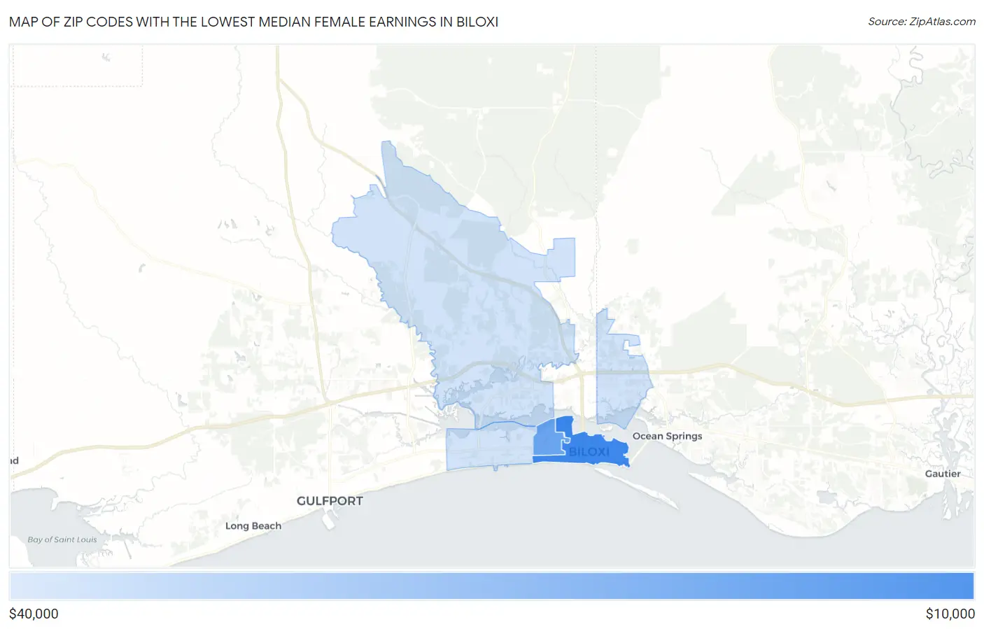 Zip Codes with the Lowest Median Female Earnings in Biloxi Map