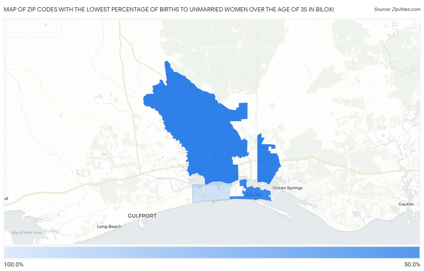 Zip Codes with the Lowest Percentage of Births to Unmarried Women over the Age of 35 in Biloxi Map