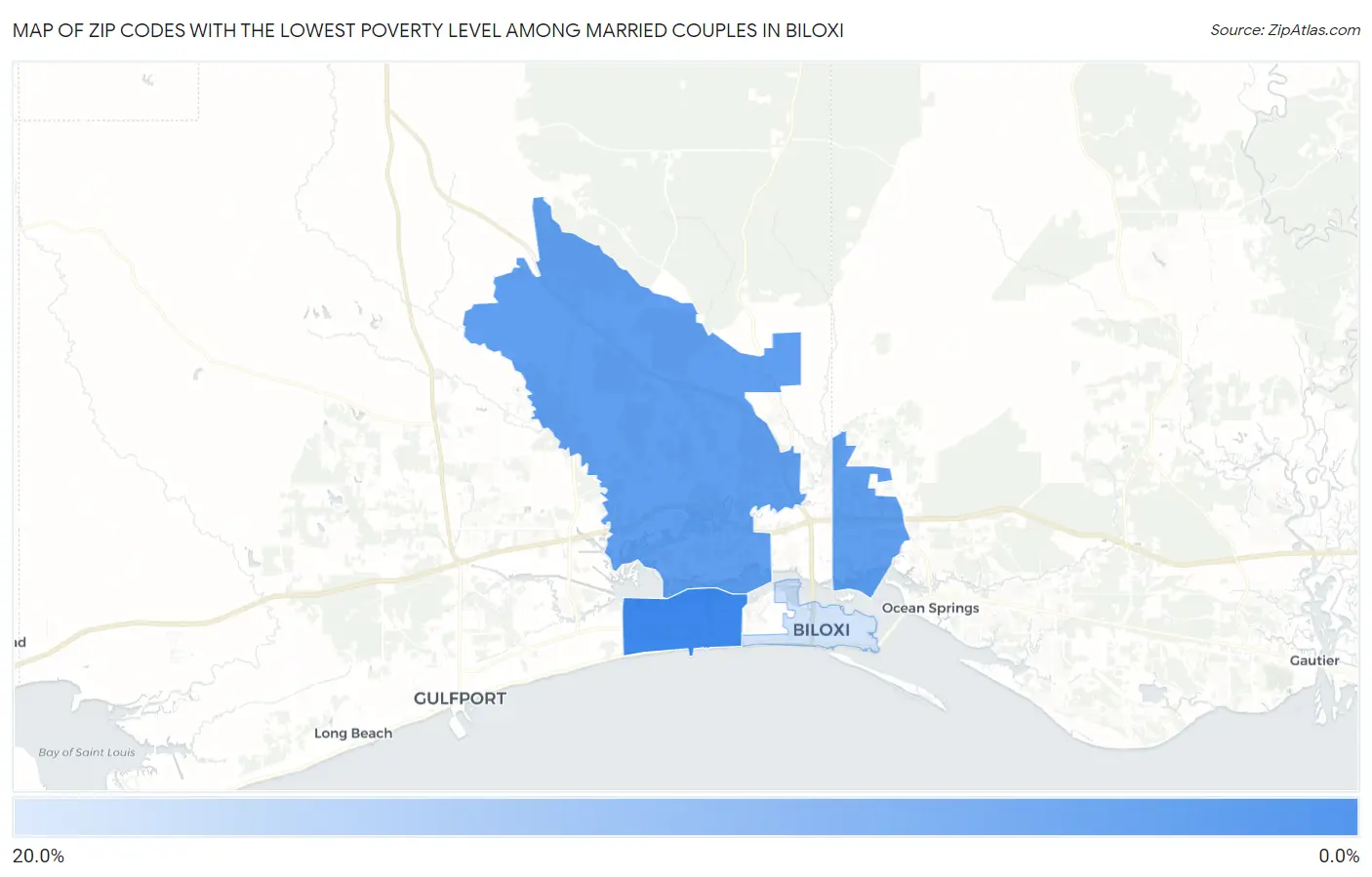 Zip Codes with the Lowest Poverty Level Among Married Couples in Biloxi Map