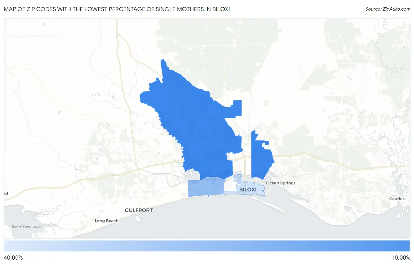 Zip Codes with the Lowest Percentage of Single Mothers in Biloxi Map