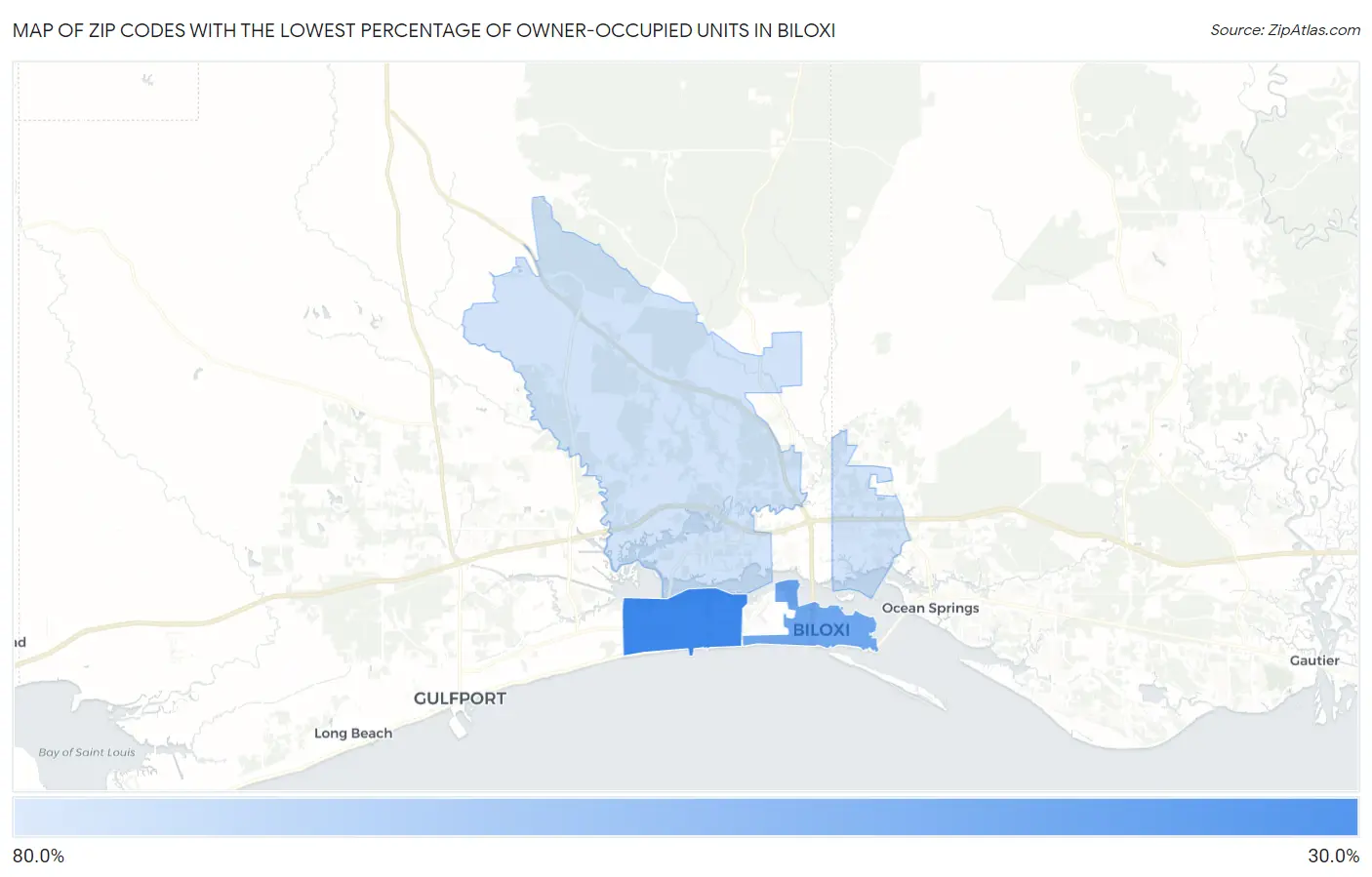 Zip Codes with the Lowest Percentage of Owner-Occupied Units in Biloxi Map