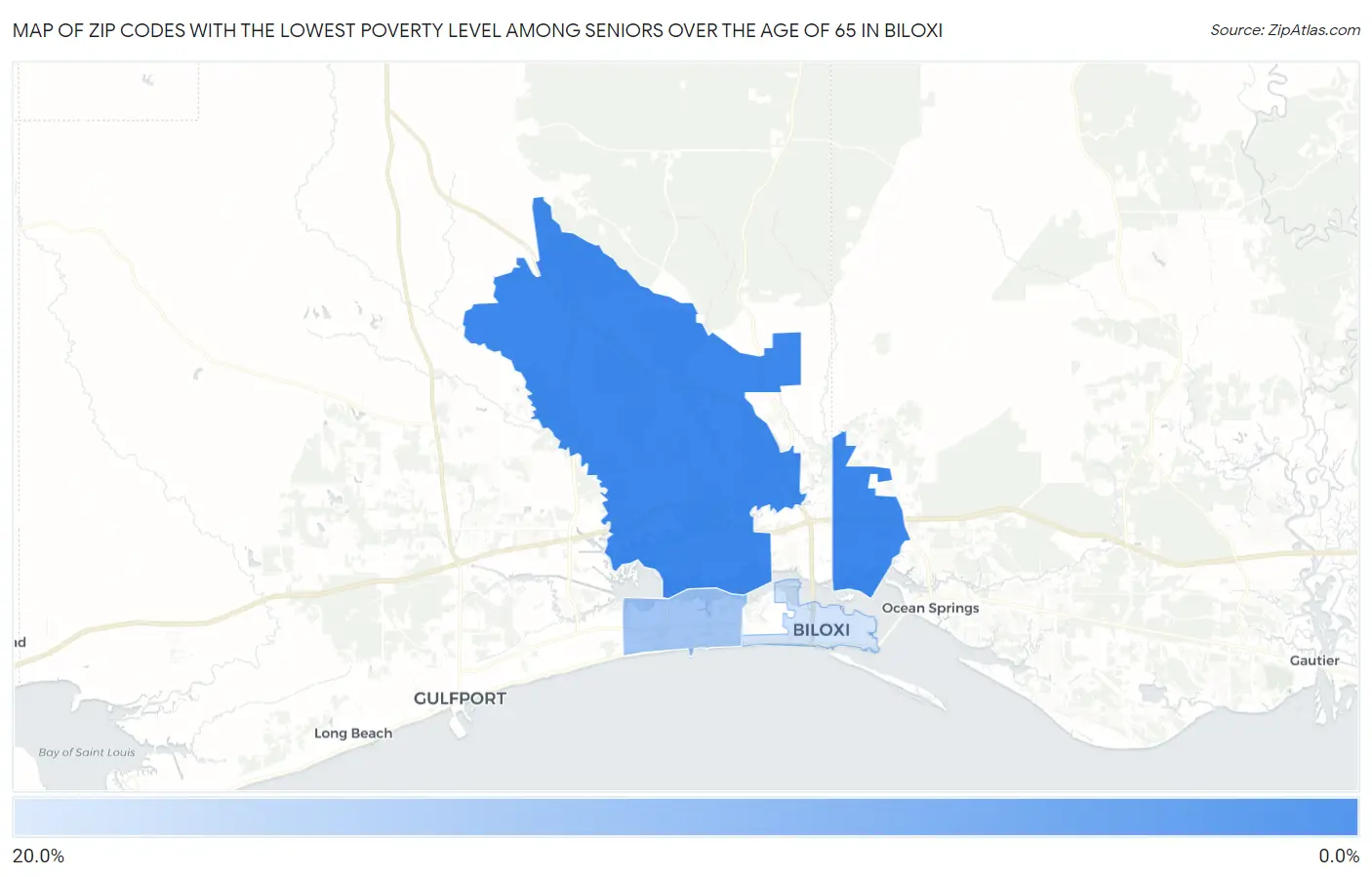 Zip Codes with the Lowest Poverty Level Among Seniors Over the Age of 65 in Biloxi Map