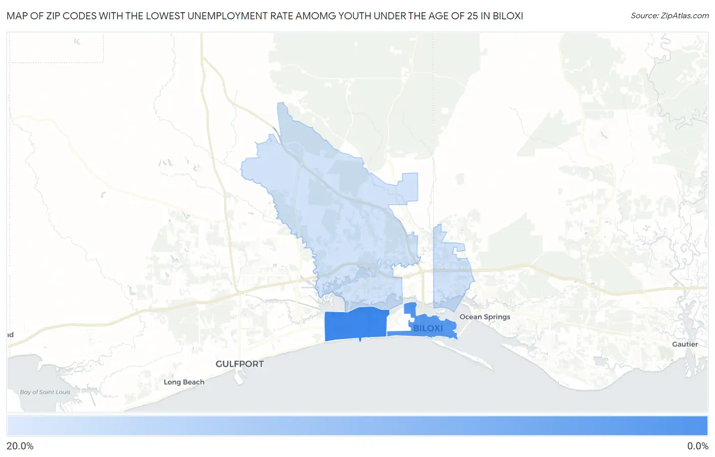 Zip Codes with the Lowest Unemployment Rate Amomg Youth Under the Age of 25 in Biloxi Map