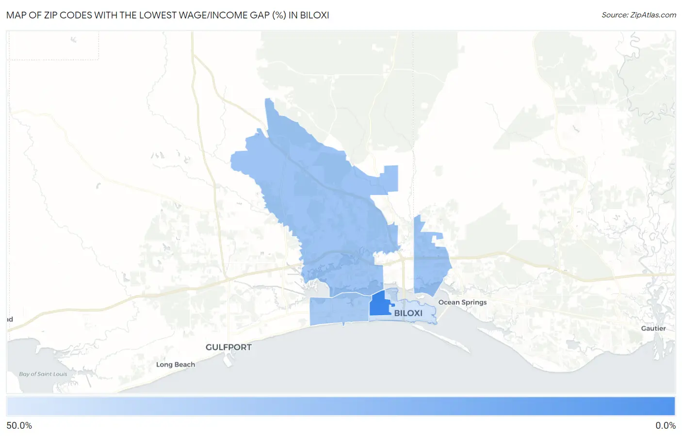 Zip Codes with the Lowest Wage/Income Gap (%) in Biloxi Map