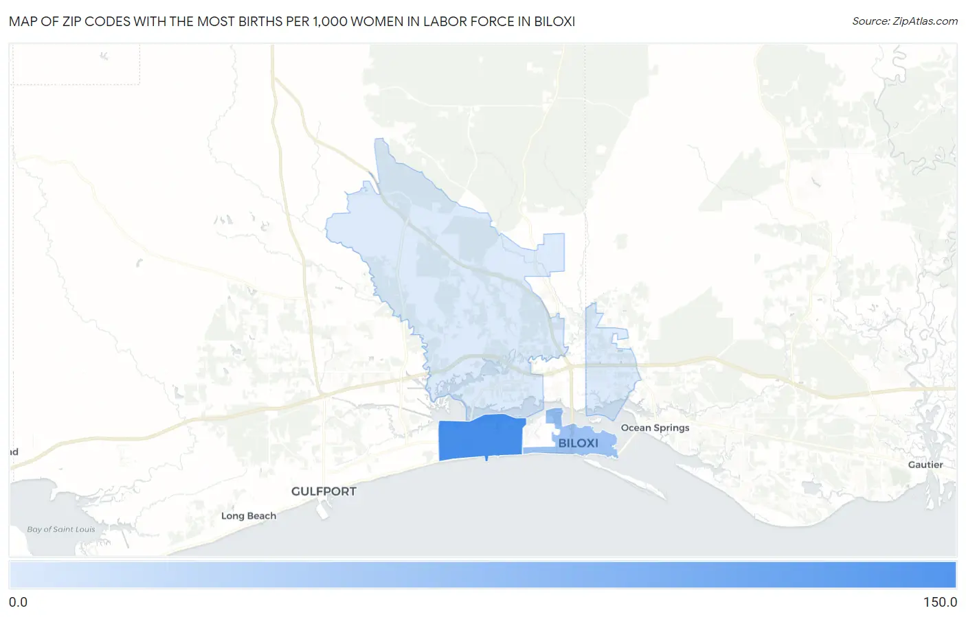Zip Codes with the Most Births per 1,000 Women in Labor Force in Biloxi Map
