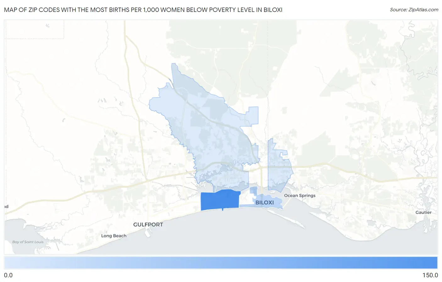 Zip Codes with the Most Births per 1,000 Women Below Poverty Level in Biloxi Map