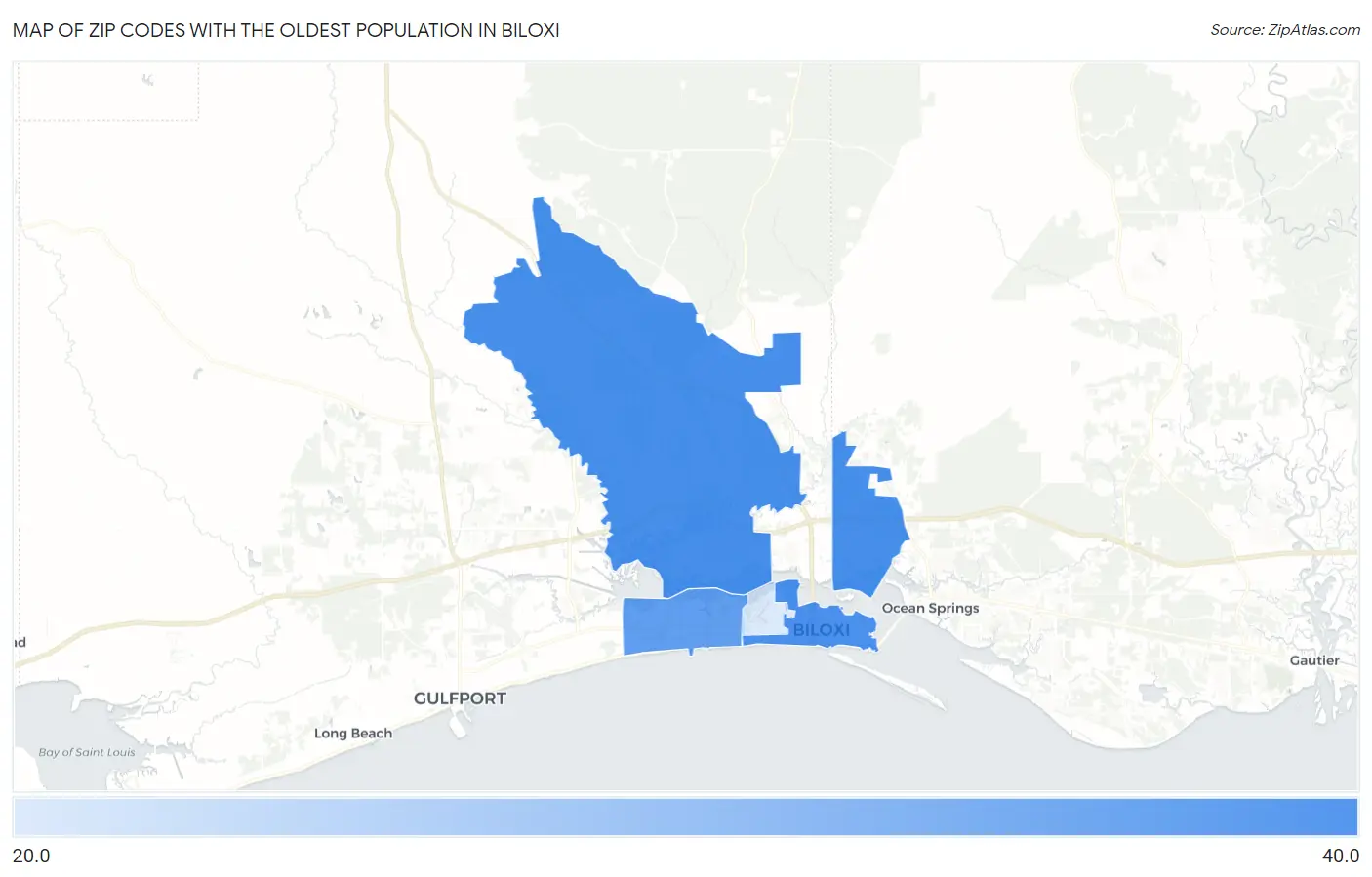 Zip Codes with the Oldest Population in Biloxi Map