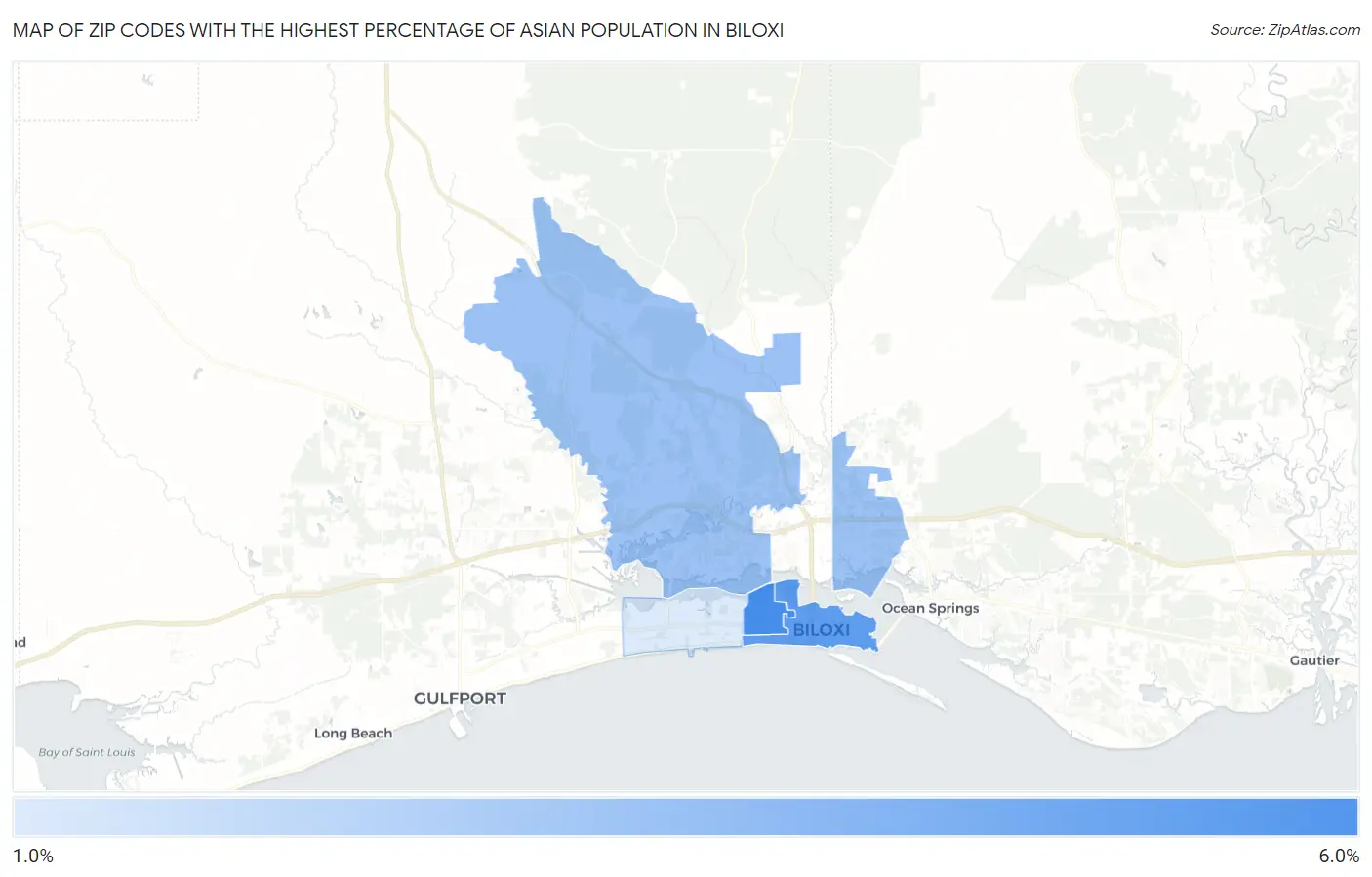 Zip Codes with the Highest Percentage of Asian Population in Biloxi Map