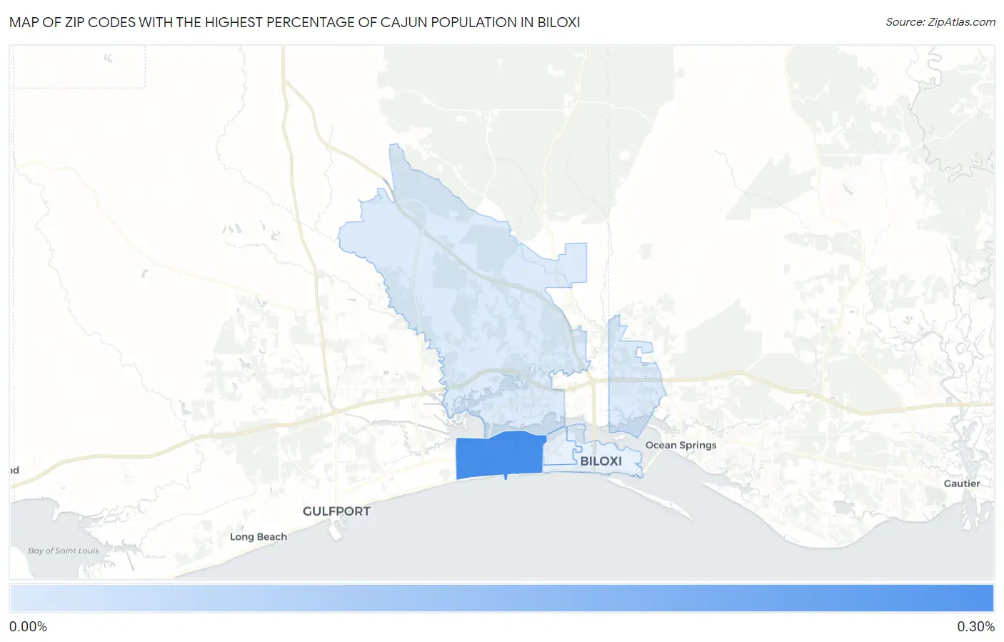 Zip Codes with the Highest Percentage of Cajun Population in Biloxi Map