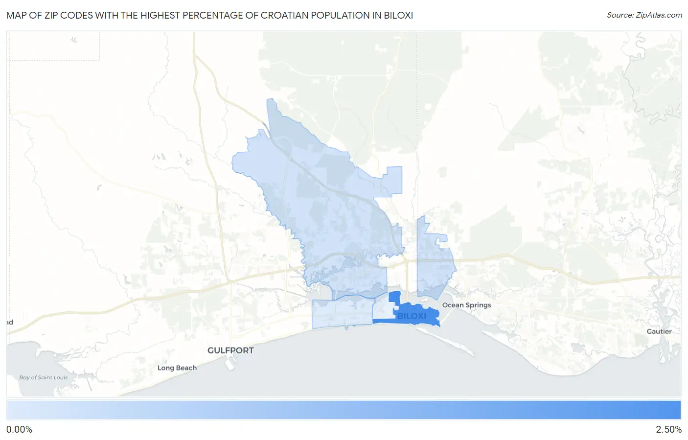 Zip Codes with the Highest Percentage of Croatian Population in Biloxi Map