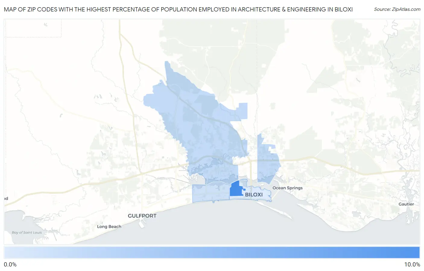 Zip Codes with the Highest Percentage of Population Employed in Architecture & Engineering in Biloxi Map