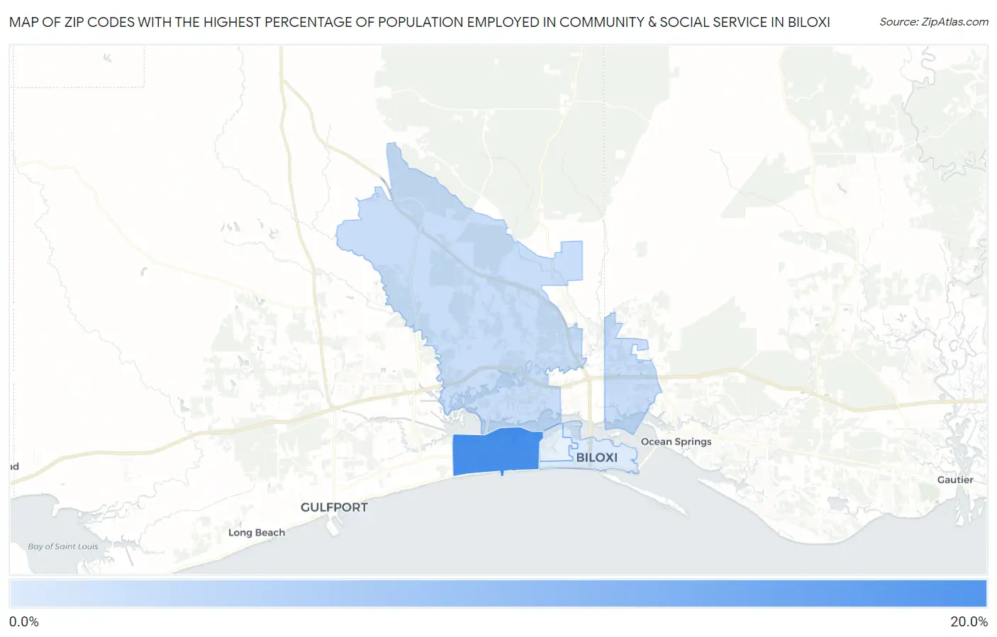 Zip Codes with the Highest Percentage of Population Employed in Community & Social Service  in Biloxi Map