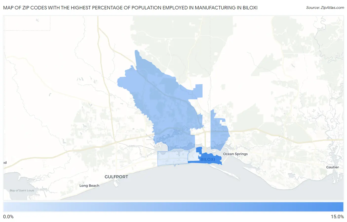 Zip Codes with the Highest Percentage of Population Employed in Manufacturing in Biloxi Map