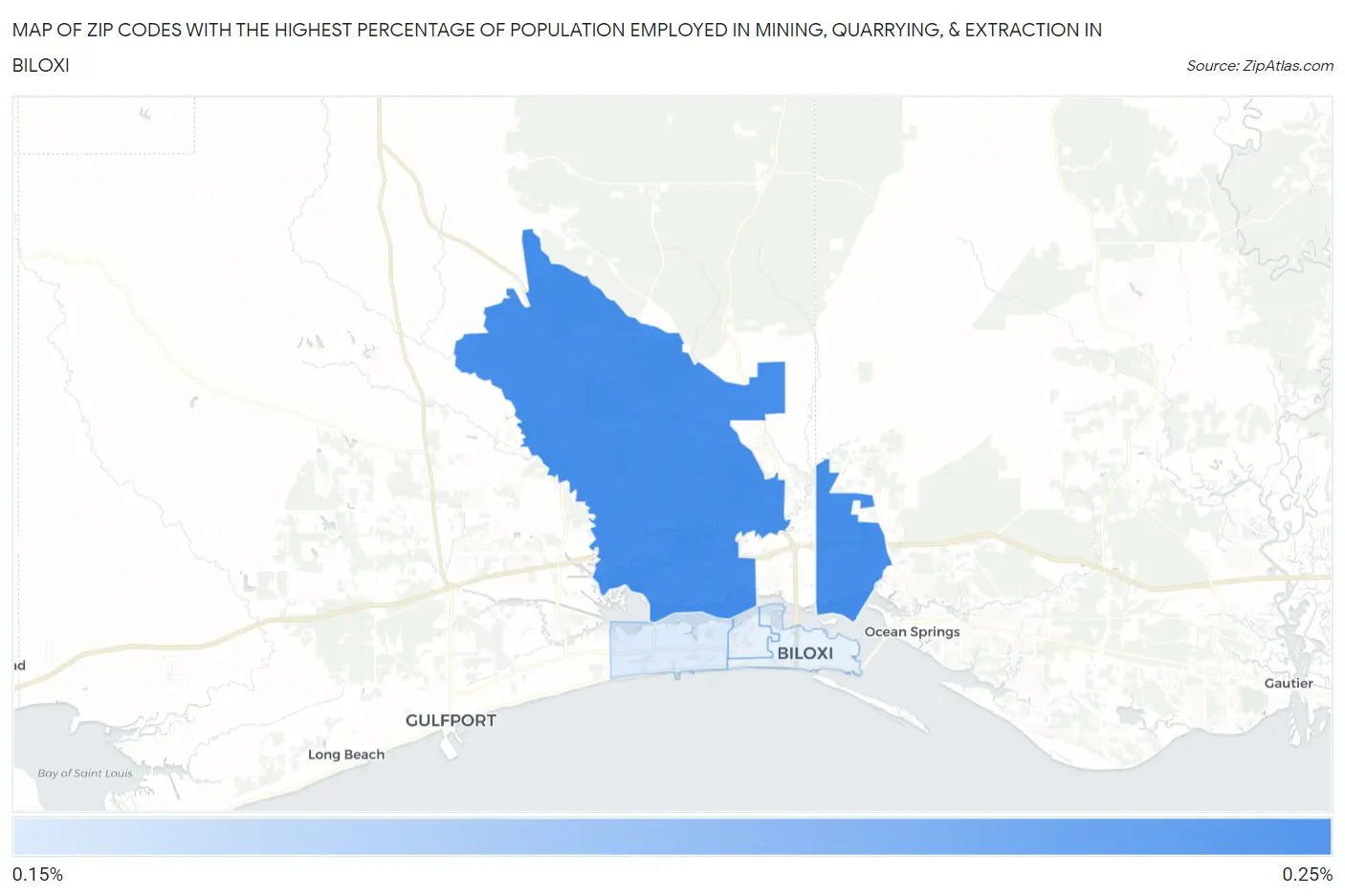 Zip Codes with the Highest Percentage of Population Employed in Mining, Quarrying, & Extraction in Biloxi Map