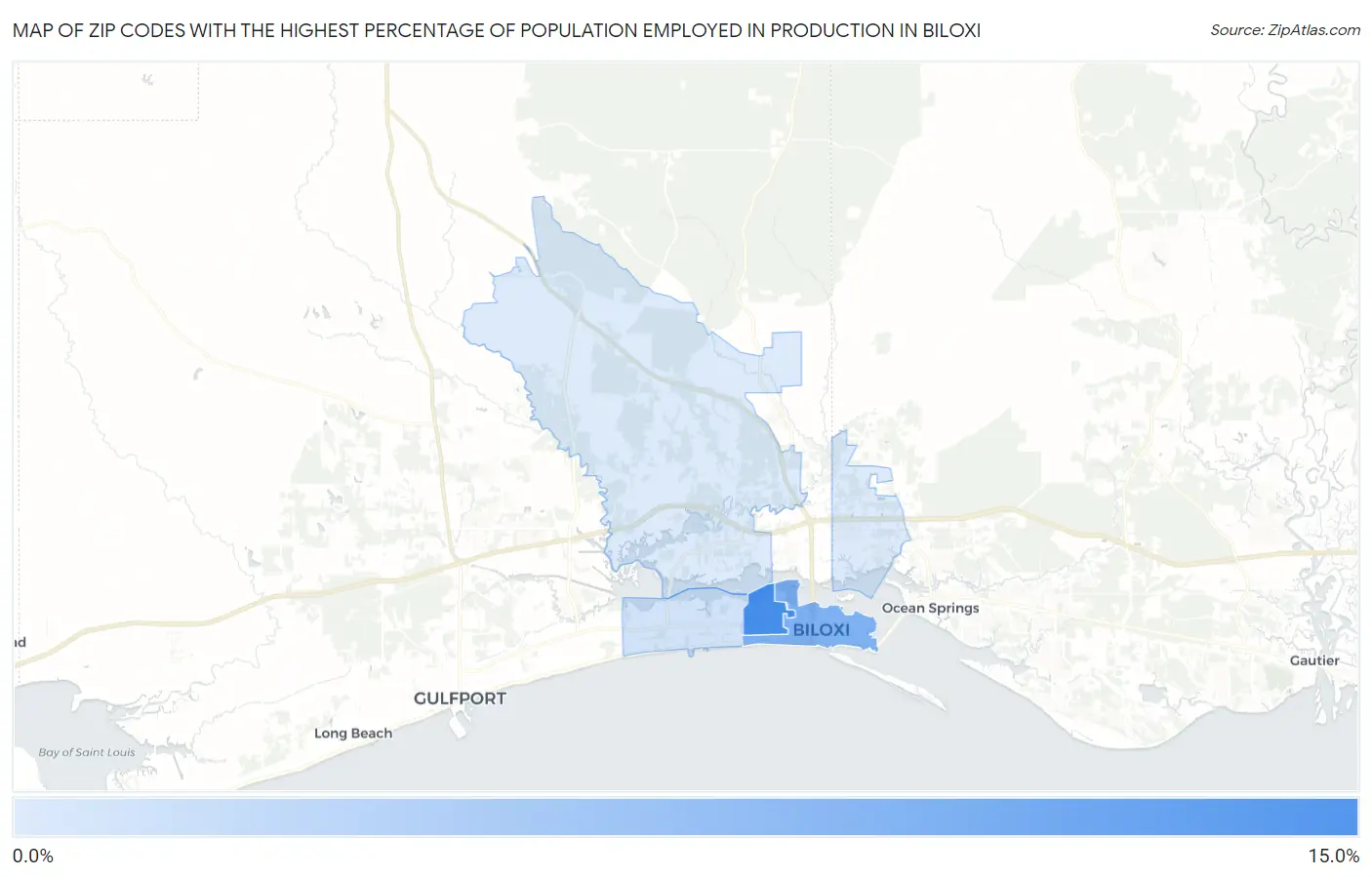 Zip Codes with the Highest Percentage of Population Employed in Production in Biloxi Map