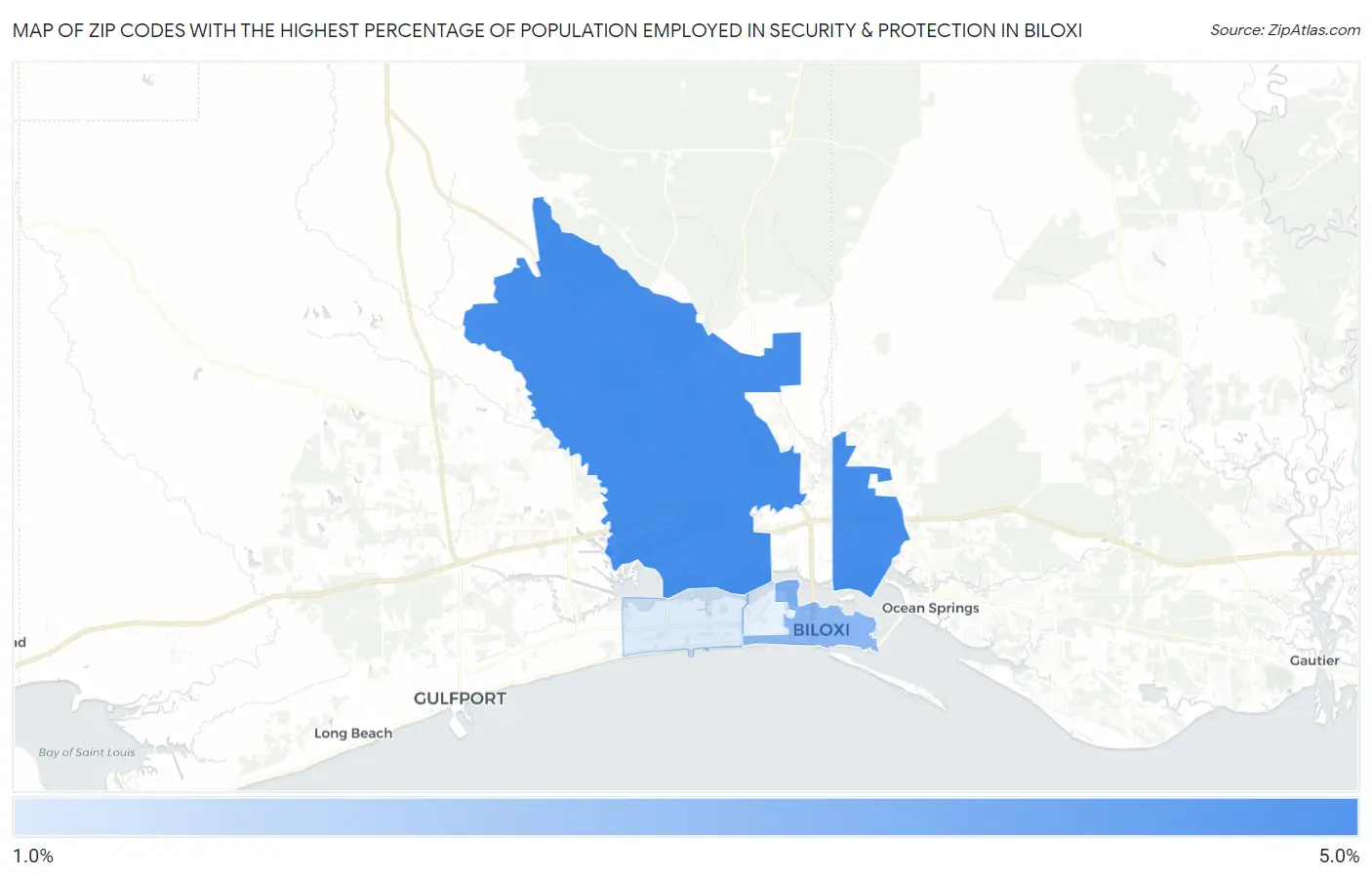 Zip Codes with the Highest Percentage of Population Employed in Security & Protection in Biloxi Map